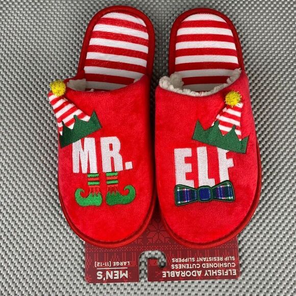ELF Christmas Slippers Mens Large 11-12 Red Mr Elf Slip Resistant Slippers - Picture 1 of 5